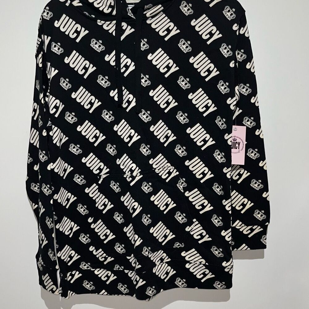 Juicy Couture Crown Juicy Diagonal Logo Hoodie‎ Black White J1FPFA35P